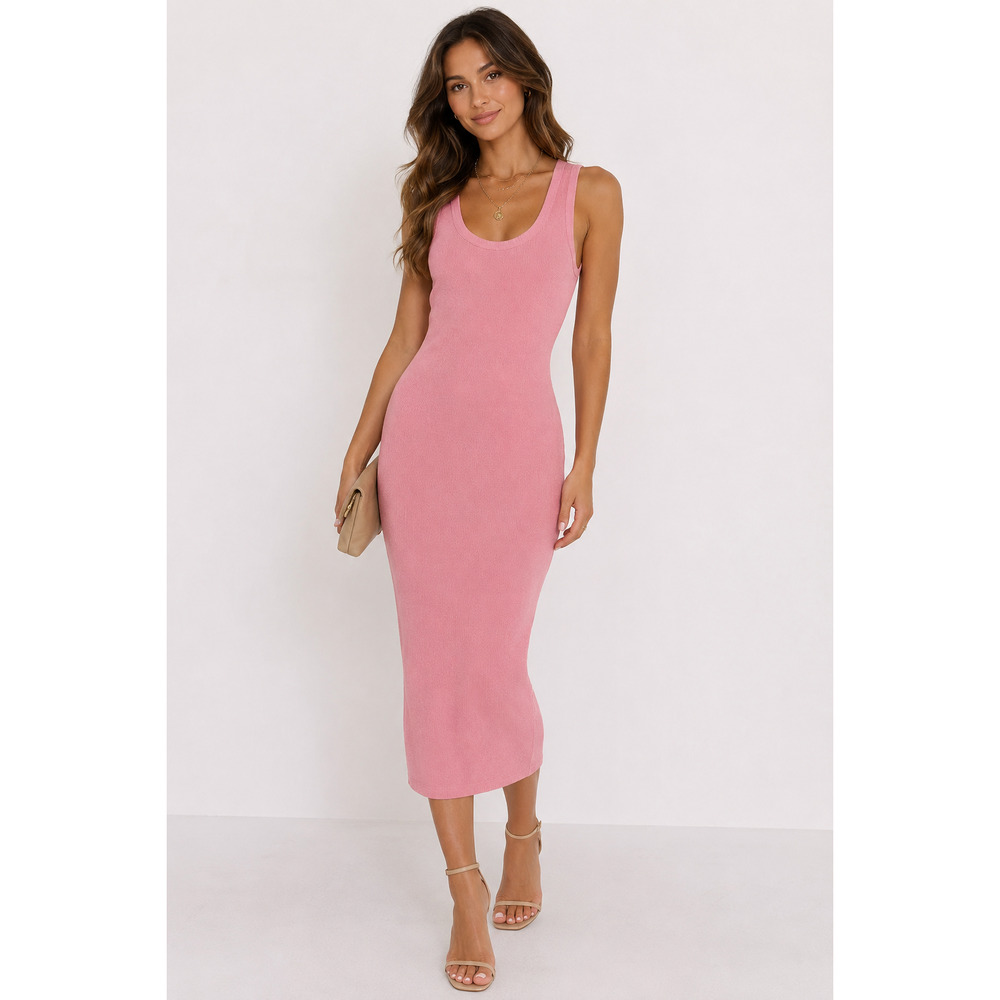Universal Thread Powder Pink Ribbed Scoopneck Knit Midi Dress Bodycon Travel S